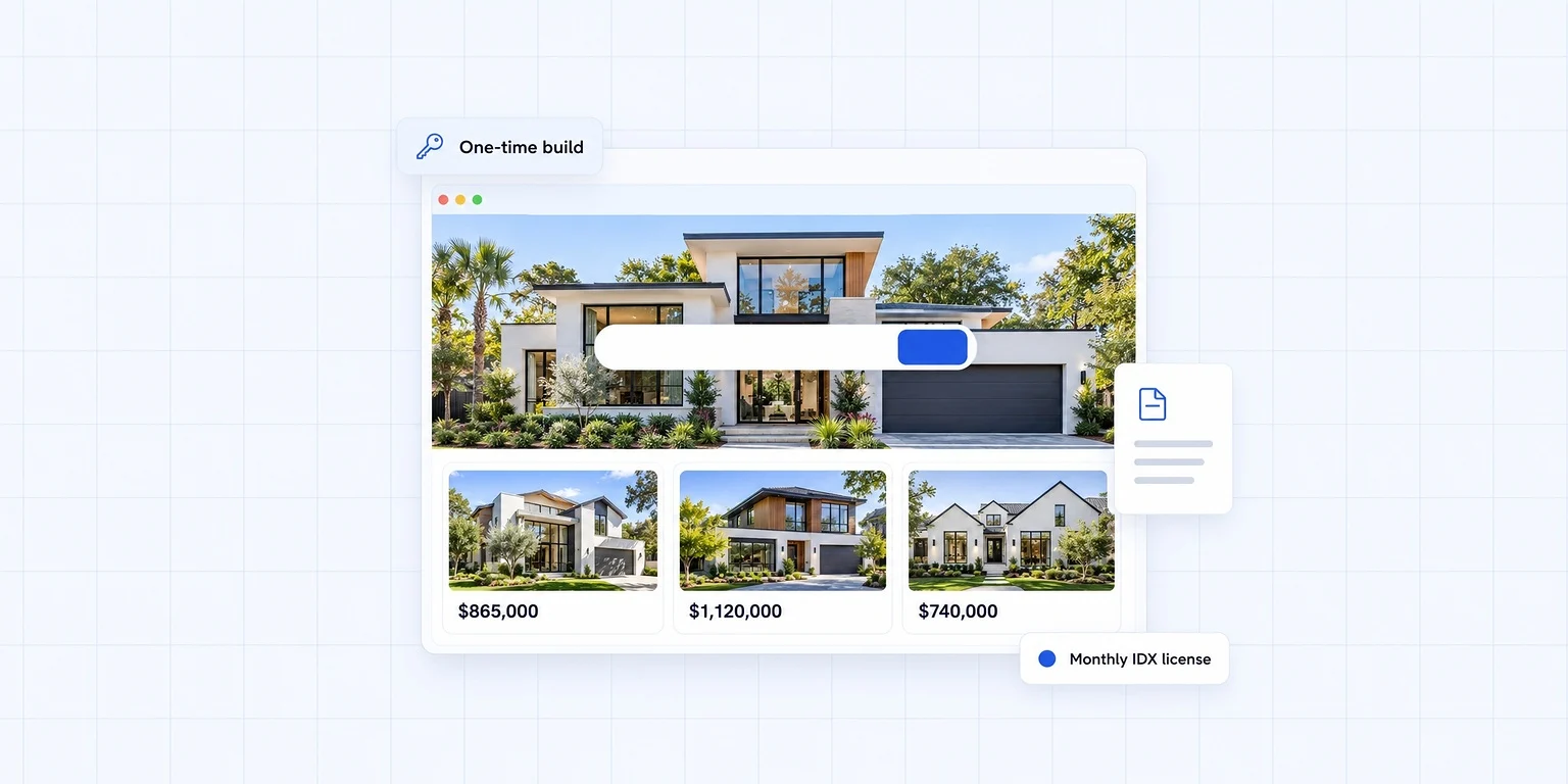 Real estate website cost: an agent's home page with a home search and listings, a one-time build and a monthly IDX license