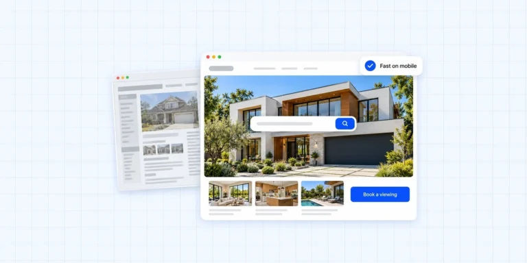 Real estate website is outdated: a cluttered old site behind a fast, modern real estate website with a home search and a book a viewing button