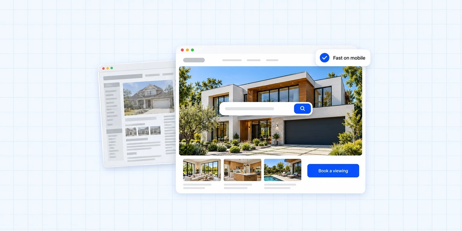 Real estate website is outdated: a cluttered old site behind a fast, modern real estate website with a home search and a book a viewing button