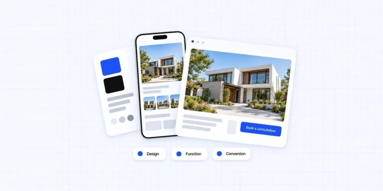 Real estate website playbook: a brand style sheet, a mobile layout and a finished real estate website with a book a consultation button, covering design, function and conversion