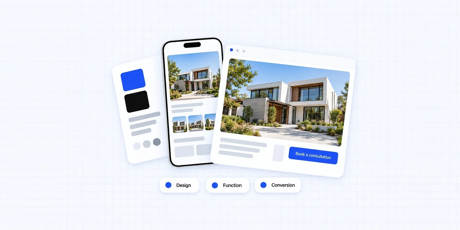 Real estate website playbook: a brand style sheet, a mobile layout and a finished real estate website with a book a consultation button, covering design, function and conversion