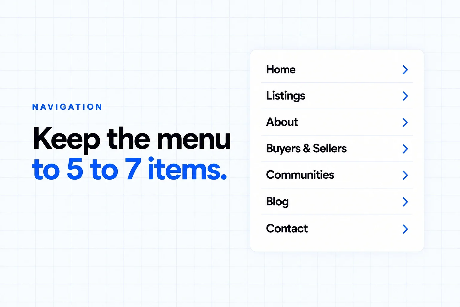 Real estate website playbook navigation: a simple menu of home, listings, about, buyers and sellers, communities, blog and contact