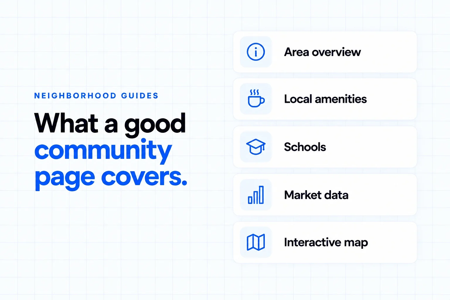 What a good neighborhood guide covers: an area overview, local amenities, schools, market data and an interactive map
