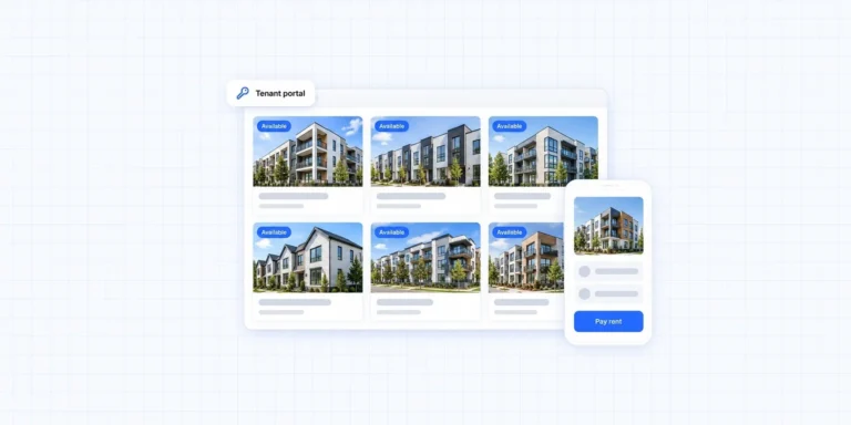 A real estate website for property management: available rentals on the company site and a tenant portal with a pay rent button on a phone