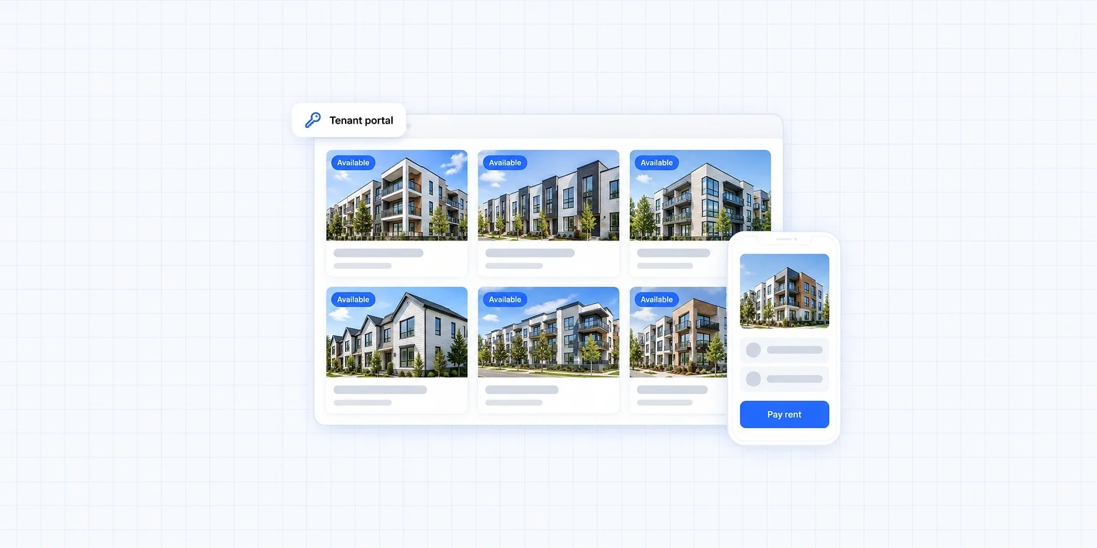A real estate website for property management: available rentals on the company site and a tenant portal with a pay rent button on a phone