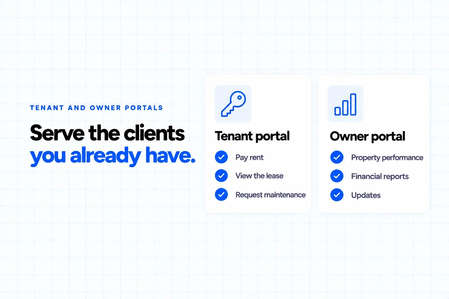 Tenant and owner portals: tenants pay rent, view the lease and request maintenance; owners see property performance, financial reports and updates