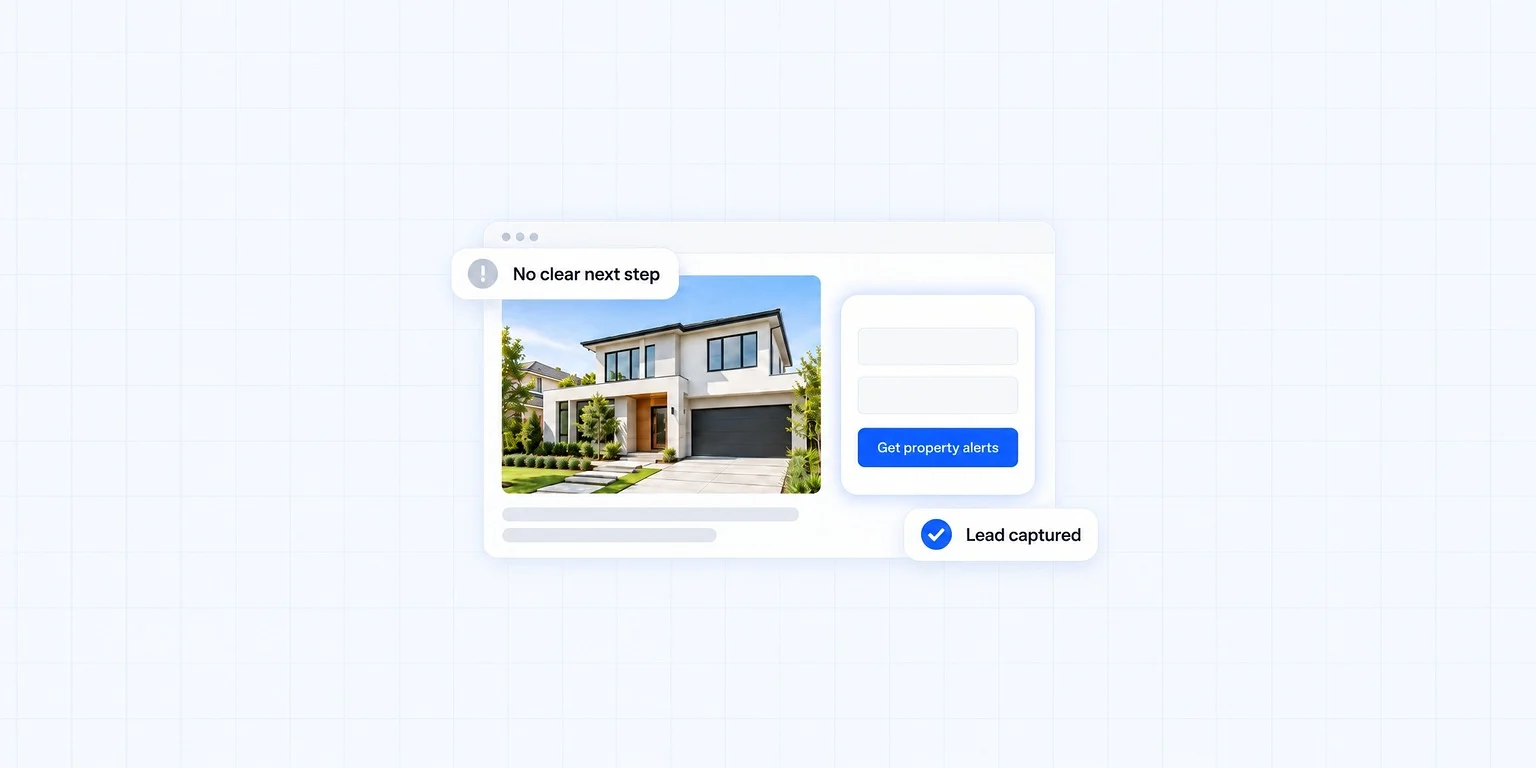 Why real estate websites fail to generate leads: a property page with no clear next step, fixed with a get property alerts form that captures the lead