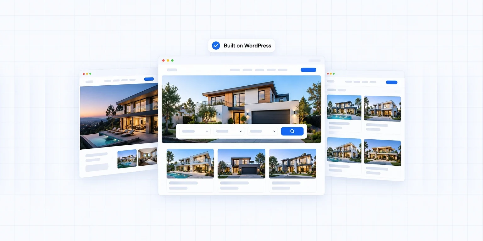 Real estate WordPress website designs for agents: three layouts built on WordPress, a luxury site, a modern agent site with a home search and a brokerage listings grid
