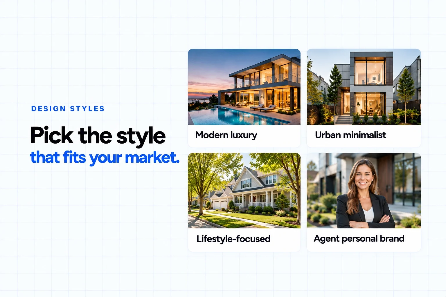 Real estate WordPress website design styles: modern luxury, urban minimalist, lifestyle-focused and agent personal brand