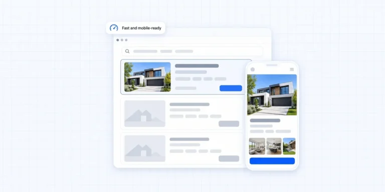 SEO-friendly website design for real estate: an agent's listing at the top of search results, with a fast, mobile-ready version of the site on a phone