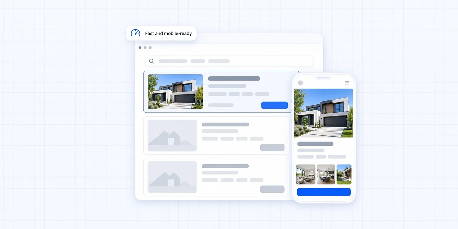 SEO-friendly website design for real estate: an agent's listing at the top of search results, with a fast, mobile-ready version of the site on a phone