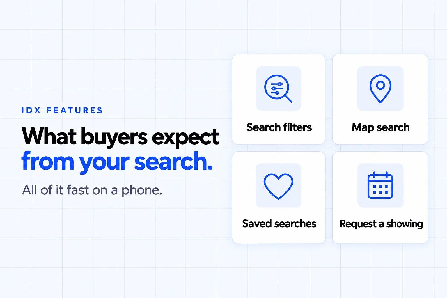 IDX features buyers expect: search filters, map search, saved searches and a request a showing button, all fast on a phone
