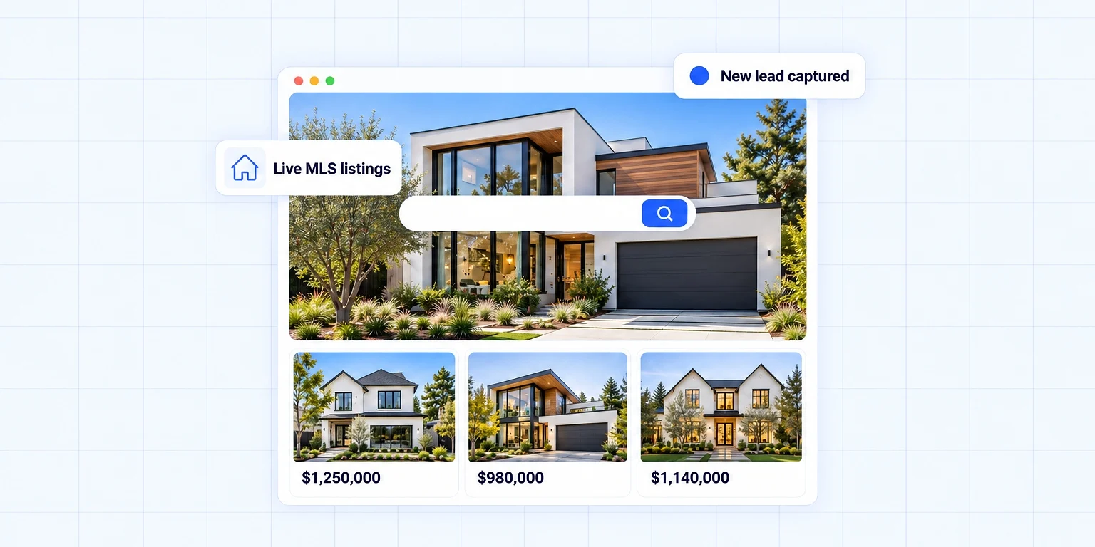 What is IDX: an agent's website showing a home search with live MLS listings, prices and a new lead notification