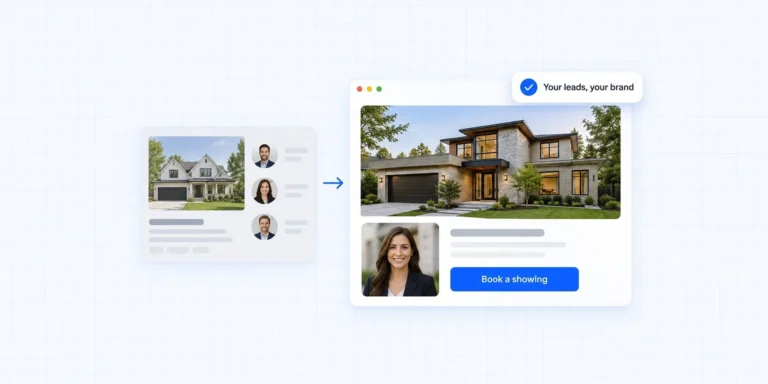 Why Zillow isn't enough for real estate agents: a shared portal listing with several agents, next to an agent's own website with a book a showing button